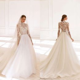 A-Line Long Collar High Elegant Dresses Wedding Sleeves 3D Flower Applicants Court Gown Custom Custom Made Zipper Plus Size Bridal Dress Vestidos de Novia