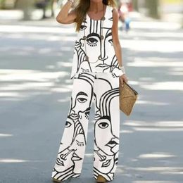 Women's Two Piece Pants Women Vest Suit Round Neck Stylish Top Wide Leg Set For Wear Print With High