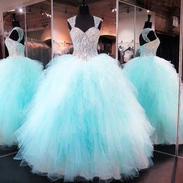 2022 New Luxury Blue Quinceanera Dresses Cap Sleeve Crystal Beaded Corset Organza Ruffles Backless Long Prom Masquerade Ball Gowns Cust 244i