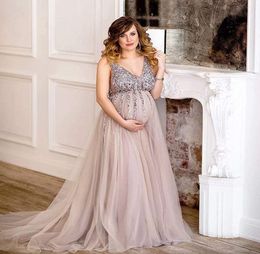 Luxury Maternity Po Shoot Dresses Empire Waist V Neck Pregnant Women Formal Evening Celebrity Dresses Tulle Crystal Beaded Prom6390765