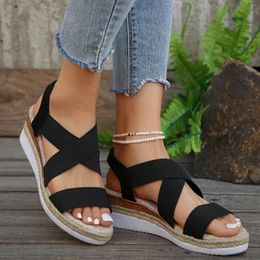 Sandals Ladies Weave Open Toe Elastic Band Cloth Slope Heel Thick Soled Wedges Roman For Women No