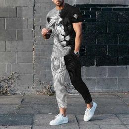 Men's Tracksuits Summer Mens Tracksuit Trousers 2 Piece Set Lion 3D Printed Short Slve T Shirt+Long Pants Strtwear Trend Male Clothing T240505