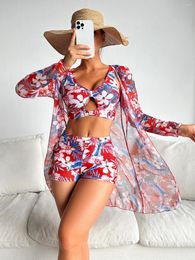 Women's Swimwear Sexy Long Sleeve Cover Up Bikini Set 2024 Vintage Floral Print Hollow Out Push High Waist Swimsuit Bathing Suit