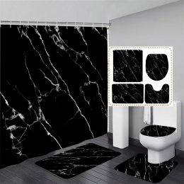 Curtains Black Marble Shower Curtain And Rug Shower Curtain Set Luxury Gold Textured Art Hanging Curtain Toilet Seat Cover Bathroom Decor