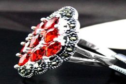 whole good Pretty Art 12X24mm Sterling Red Gem Marcasite Ring Size 7891032512514246676