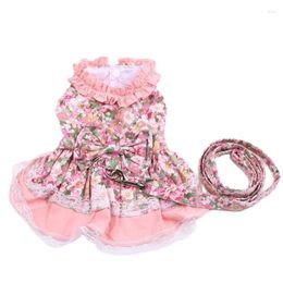 Dog Apparel Dogs And Cats Dress Shirt Floral&Bow With Matching Leash Pet Puppy Skirt Spring/Summer Clothes