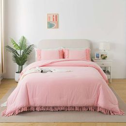 Duvet Cover 3pcs 100% Washed Cotton Pink Tassel Elegant Boho Fluffy Thick Bed Comforter Sets, Home Hotel Farmhouse Designer Bedding Set, Soft Breathable, All-Season
