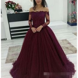 Sleeves Prom Long Dresses Bury Lace Applique Off The Shoulder 2019 Tulle Sweep Train Vintage Evening Formal Wear Custom Made