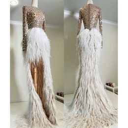 Feather Fashion HI Evening Sequins Crystal Lo Ruched Prom Dresses Longeple Sweep Train Custom Made Formal Party Wear Ng