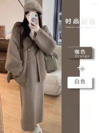 Casual Dresses Women Dress Suit Sweater Set Solid Colour Autumn Winter Knitted Cardigan Two-piece Sets Clothes Party Ensemble Femme