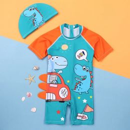 Suits Baby Swimsuit Boys Cartoon Car Dinosaur Toddler Boy Zipper Swimwear with Hat Rash Guard Surfing Suit Short Sleeve Bathing Suit