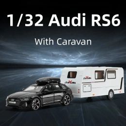 Cars 1/32 Audi RS6 With Touring Car RV Caravan Diecast Alloy Metal Miniature Model Pull Back Sound & Light Collection Gift For Boy