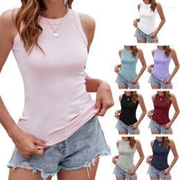 Women's T Shirts Round Neck Top Vest Sleeveless Ribbed Blouses For Casual Look