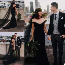 Black Mermaid 2021 Gothic Dresses Elegant Off The Shoulder Sweep Train Custom Made Wedding Bridal Gown Vestido De Novia