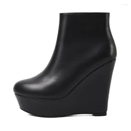 Boots Fahsion Black Cow Leather Platform Wedge Increasing Pointed Toe Zipper Real Solid