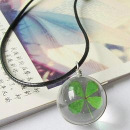 Pendant Necklaces 2024 Fashion Crystal Glass Ball Clover Necklace Long Strip Leather Chain Women Lucky Wish Locket Jewelry