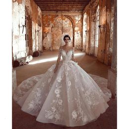 Neck Arabic Dresses Sweep A Line Sheer Train 3D Floral Appliqued Beaded Wedding Dress Garden Long Sleeves Bridal Gowns ppliqued