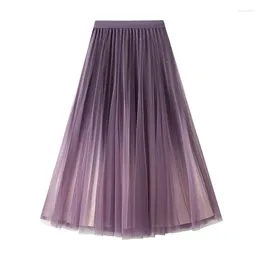 Skirts 2024 Casual Summer Autumn Women Long Tulle Mesh Pleated Gradient Color Elastic High Waist Elegant Skirt
