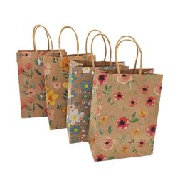 12/24 piece kraft paper flower gift bags with handle packaging wedding discounts portable packaging shopping bags birthday party supplies 240424