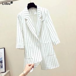 Womens Clothing Office Lady Loose Notched Pockets Striped Casual Formal Blazers Thin Three Quarter Sleeve Button Summer Tops 240430