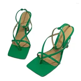 Sandals Designer Split Square Toe Thin High Heel Woman Sandal Narrow Band Runway Party Classic Ankle Strap Real Leather