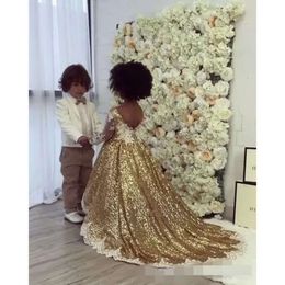 Sequins Sparkly Girls' Gold Flower Dresses Long Sleeves Lace Applique Jewel Neck A Line Custom Made Little Girl Pageant Ball Gown