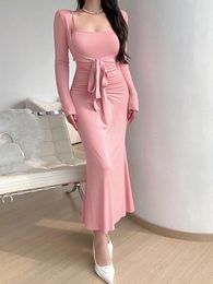 Work Dresses Knitted Two Piece Cardigan Lace-Up Top Long Sleeveless Backless Women's Skinny Elegant Sexy Dress Birthday Party