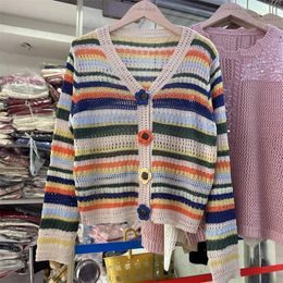 Women's Knits Vintage Coloured Striped Knitted Cardigan Spring Thin V Neck Long Sleeve Female 3D Flower Crochet Hollow Out Outerwear K209