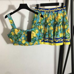 skirt set designer dress sets for women outfits fashion two piece suit summer lemon print strapless camisole and high-waisted short skirts suit vintage woman clothes