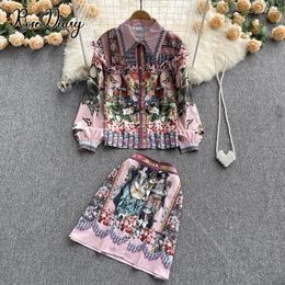 Work Dresses RoseDiary Fashion Runway Midi Skirt Sets Women's Vintage Long Puff Sleeve Floral Print Blouse Shirt And Two Piece Suit