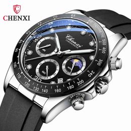CHENXI Dawn Multi functional Watch Mens Three Eyes Six Needles Star and Moon Phase Waterproof Silicone Fangsheng