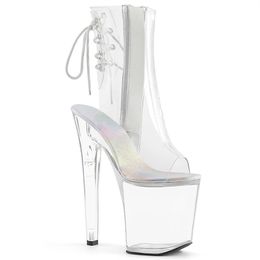 20cm All-transparent crystal shoes round head waterproof platform Joker stiletto boots super high heels short boots