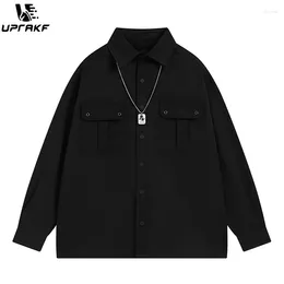 Men's Casual Shirts UPRAKF Black Long Sleeve Polo Neck Fashion Double Pocket Necklace Loose Autumn Button High Street Tops