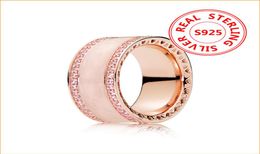 100% 925 Sterling Silver White and Pink enamel Band RING with Original box For P 18k Rose gold Ring for Women Grils9925126