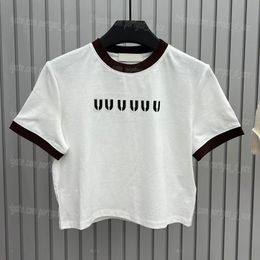 Designer Cropped T Shirt Contrast Color Blouse Tops for Women Short Sleeeve Shirts Luxury White Summer Elegant Top Casual Daily Tees