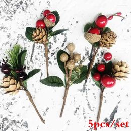 Decorative Flowers 5pcs/set Christmas Red Berry Pine Cone Branches For Holiday Decoration Greeting Card Accessories Artificial Plants