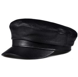 Real Leather Cap Men039s Flat Caps Genuine Men Army Military Hat Fashion Brands Sheepskin Old Hats Wide Brim4163662