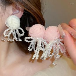 Dangle Earrings Sweet Mesh Flowers Crystal Pearls Bow Drop For Women Temperament Fashion Party Jewellery