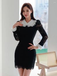 Casual Dresses Korean Fashion Lady Lace Short A-Line Dress Women Elegant Office Sweet Hollow Flare Sleeve Slim Mujer Vestido Street Clothes