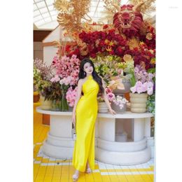 Casual Dresses Bright Yellow Silk Dress Rose Blossom Hanging Neck Style Sexy 24 Year