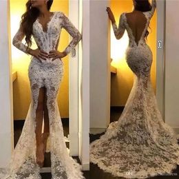 Dresses Gown Wedding Gorgeous Lace Mermaid Bridal Applique Front Slit Long Sleeves Plunging V Neck Sweep Train Backless Custom Made Beach Vestidos De Novia estidos