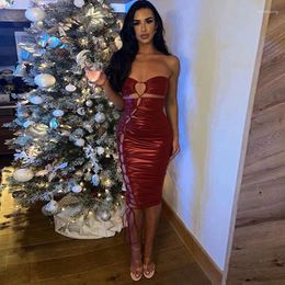 Casual Dresses Women Strapless Metallic Gilding Lace Up Bodycon Midi Club Party Dress