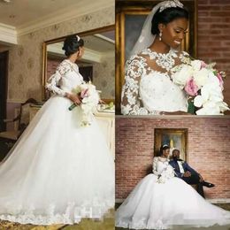 Długie sukienki rękawy afrykańskie 2020 klejnot szyi koronkowa aplikacja Sheer Illusion Sweet Train Ballgown Country Wedding Suknia Vestido de novia