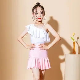 Stage Wear Summer Latin Dancer Outfit Girls ChaCha Dancing Performance Costume Off-Shoulder Bodysuit Pink Skirt Practise VDB6919