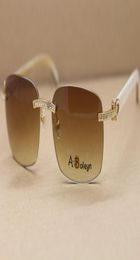 whole Rimless White Buffalo Horn sunglasses Men Big Diamond T8200497 Sunglasses C Decoration gold frame glasses Size58181405647301