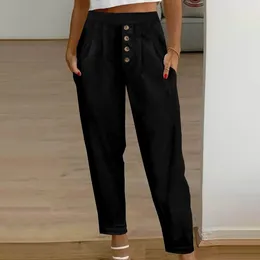 Women's Pants Women Casual Solid Color Long Pocket Elastic Waist Straight Leg Black Ladies Trousers