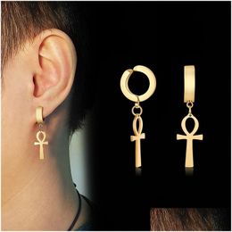 Stud Clip On Non Piercing Mens Drop Cross Earrings Stainless Steel Egyptian Ankh Dangle Punk Jewellery Delivery Dhgzq