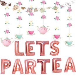 Banner Flags Lets Partea Balloon Teapot Tea Cup Banner Flag Tea Party Decor Summer Flamingo Birthday Bachelorette Party Cake Topper Supplies