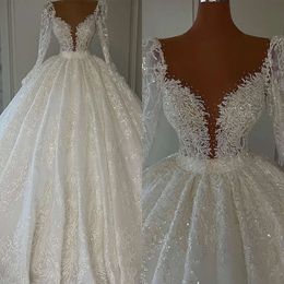 Sequins Wedding Dresses Gorgeous Ball Beads V-Neck Long Sleeves Applicants Pearls Backless Court Pleats Custom Made Bridal Gown Plus Size Vestidos De Novia