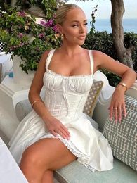 Casual Dresses QWEEK Backless Bandage White Slip Dress For Women Beach Holiday Vacation Lace Fairy Short 2024 Summer Sundresses